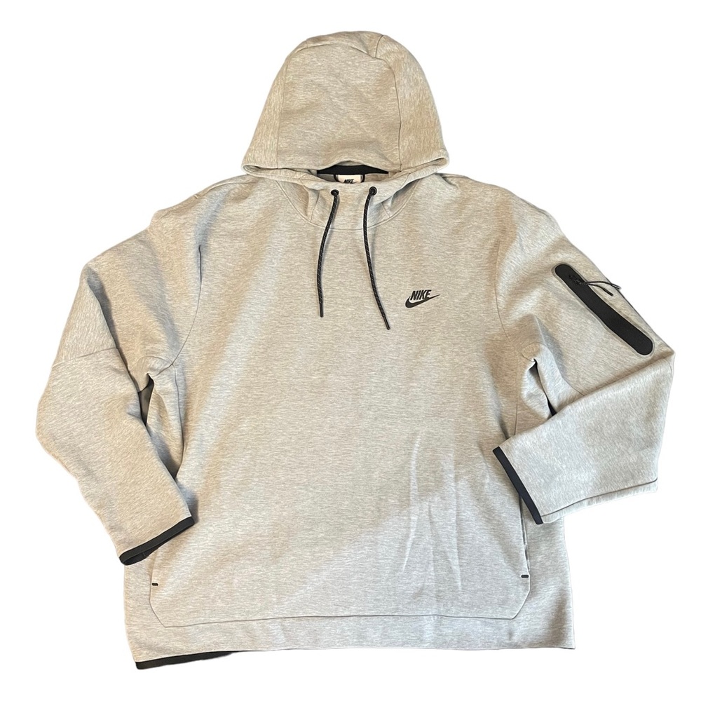 Nike Tech Hooded Sweatshirt Grey Relaxed Bottom With Zipper on Arm Pre-Owned XL